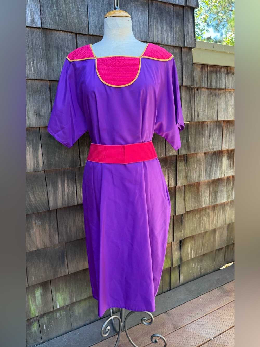 Vintage 80s colorblock dress sheath purple pink with belt Sz Large JC Penney